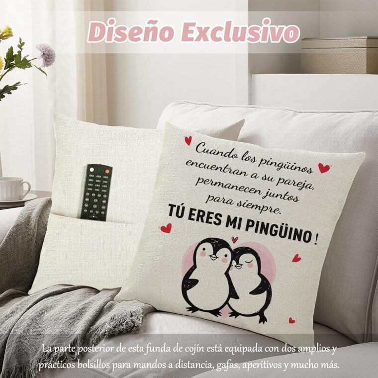 Sunia Regalo Pareja Pinguino Funda Cojin 45 x 45, Funda de Cojín con 2 Bolsillos, Regalo Aniversario Pareja, Regalo Cumpleaños Mujer, Regalos Originales para Hombre, Regalo Mujer San Valentin Navidad - Imagen 3