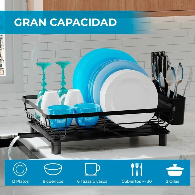 Marctani Escurreplatos de Acero Inoxidable 43 x 33 CM - Escurridor de Platos de Alta Capacidad - Estante de Secado de Metal con Soporte para Cubiertos Extraible y Drenaje Giratorio 360º (1P Negro) - Imagen 5