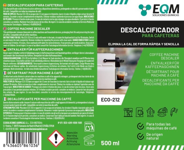 EQM - ECO- 212 - Descalcificador para Cafeteras - 500 ML - 100% Origen Natural - Compatible con todas las máquinas de café - Elimina la cal incrustada en cafeteras y aparatos del hogar - Imagen 8