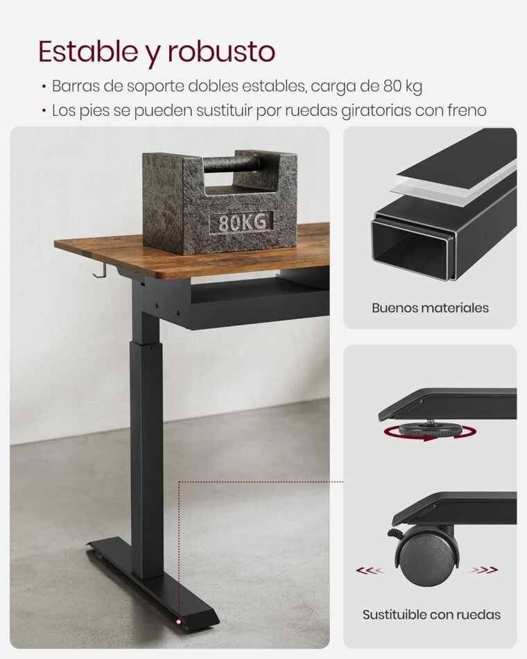 VASAGLE Escritorio Regulable en Altura, Mesa Regulable, Enchufe y CajÓn, 60 x 140 cm de Encimera, Ajuste Continuo, 4 Funciones de Memoria de Altura, MarrÓn RÚstico y Negro LSD114X01 - Imagen 9