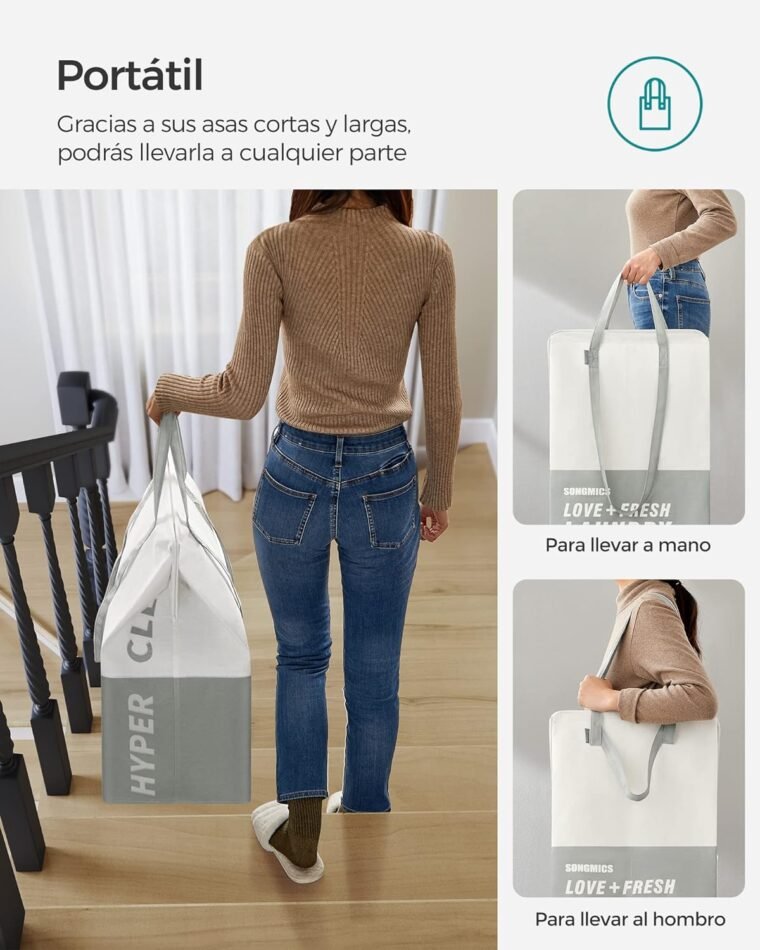 SONGMICS Cesto Grande para Ropa Sucia, 90 L, Bolsa de la Ropa con 2 Compartimentos, Se Pone de Pie, Plegable, Doble Asa, para Lavandería, Dormitorio, Baño, Gris Claro LCB209G11 - Imagen 4