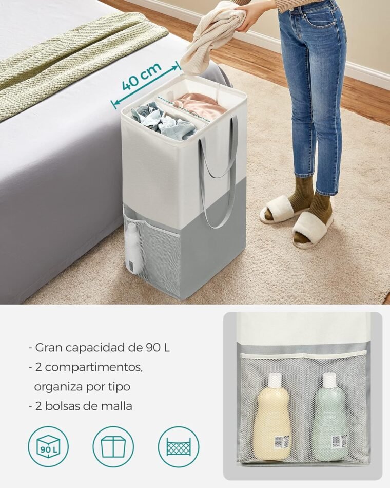 SONGMICS Cesto Grande para Ropa Sucia, 90 L, Bolsa de la Ropa con 2 Compartimentos, Se Pone de Pie, Plegable, Doble Asa, para Lavandería, Dormitorio, Baño, Gris Claro LCB209G11 - Imagen 3